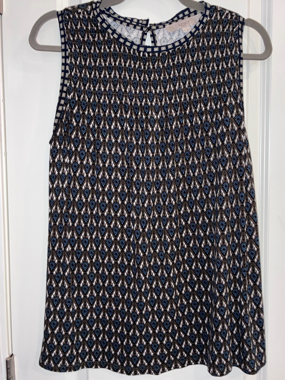 LOFT Navy, White and Brown Geometric Sleeveless Blouse